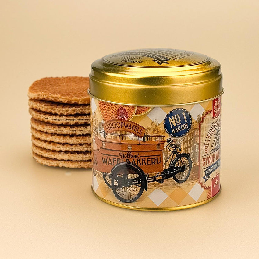 Burk sirapsvåfflor lastcykel Holland gul retrostil från Matix souvenir Holland
