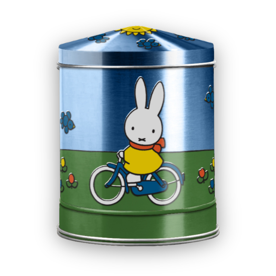 Förvaringsburk för stroopwafflar med inbyggd speldosa som spelar melodin ”Tulpaner från Amsterdam”, med Miffy på cykel-tema i metallicblått med mörkgrönt