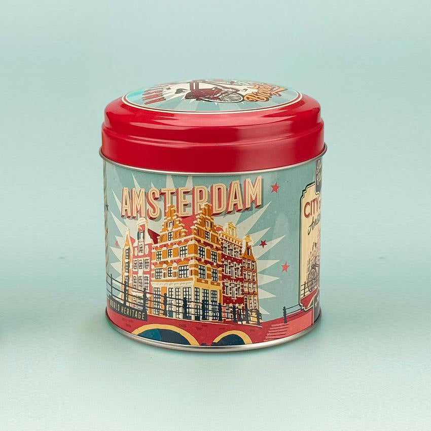 Hollandsk burk som passar för sirapsvåfflor i röd/turkos hus i Amsterdam i retrostil från Matix Souvenir Holland