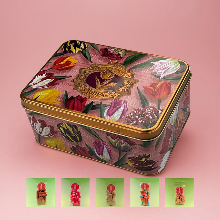 Paket: Plåtburk serien "Pretty Tulips" från Matix Souvenir med påse godis från Holland