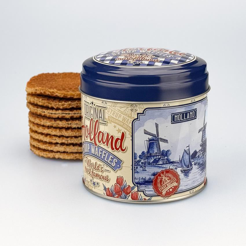 Paket: Burk med påse sirapsvåfflor(8st.) serien "Delfts Blauw" i retrostil från Matix Souvenir Holland