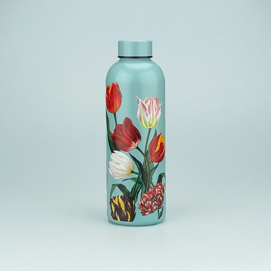 Vattenflaska i rostfritt stål med dubbla väggar 0.5L serien "Pretty Tulips" tulpaner/blågrön från Matix Souvenir Holland