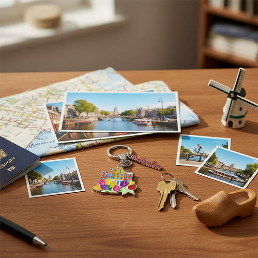 Nyckelring med färgsprakande tulpanskog och hus i "Amsterdam" från Matix Souvenir Holland på bordet
