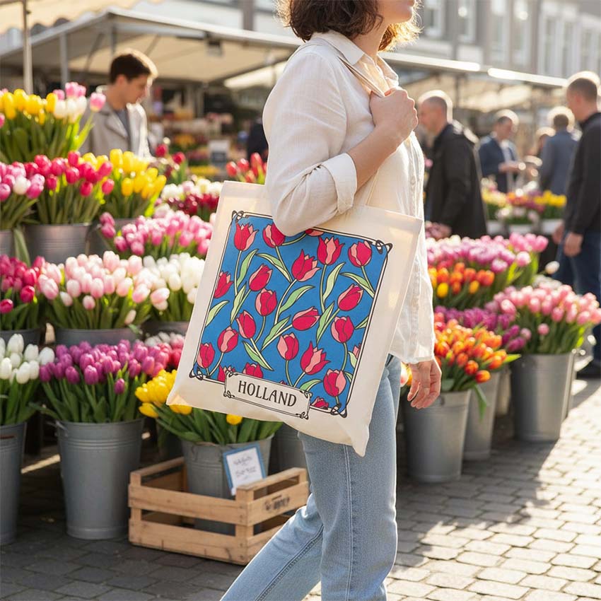 Vacker högkvalitativ bomullskasse med ett tryck av rosa tulpaner på blå bakgrund i silkscreen, som hålls av en kvinna på en marknad.