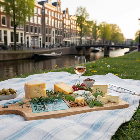 Träostbricka med en keramisk pastellgrön kakelplatta under en picknick längs Amsterdams kanaler