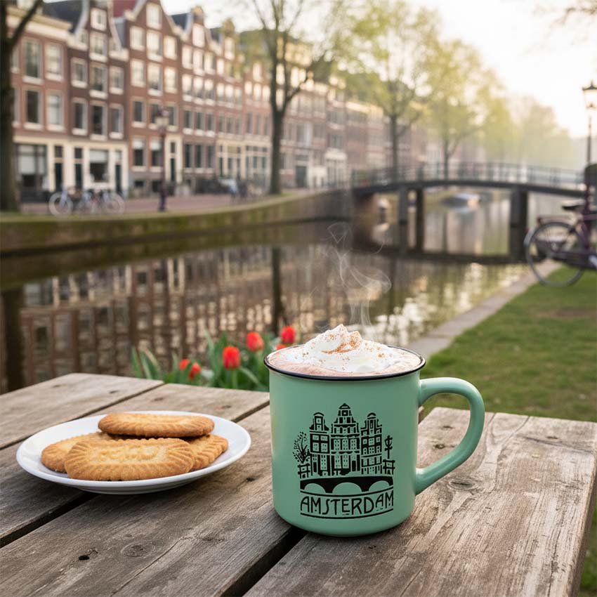 Mugg serien "Camp" pastellgrön keramik med text "Amsterdam" från Matix Souvenir Holland