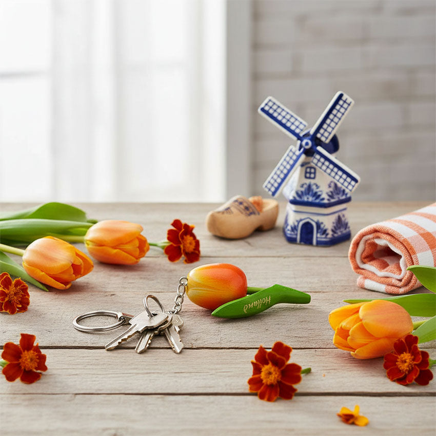 Nyckelring med orange tulpan av trä från Matix Souvenir Holland