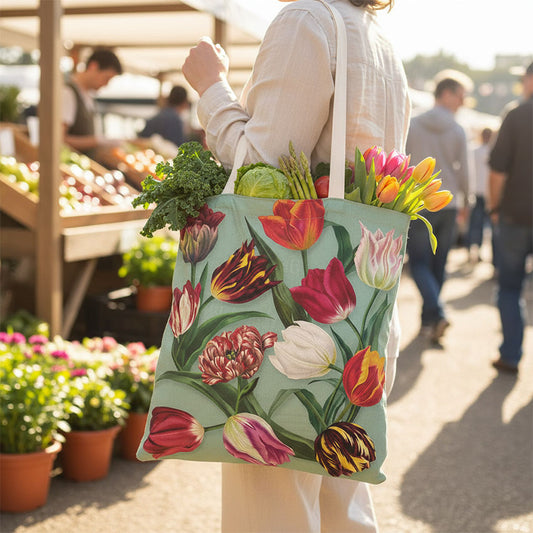 Bomullskasse grön med tryck tulpaner serien Pretty Tulips från Matix Souvenir Holland och kvinna på marknad