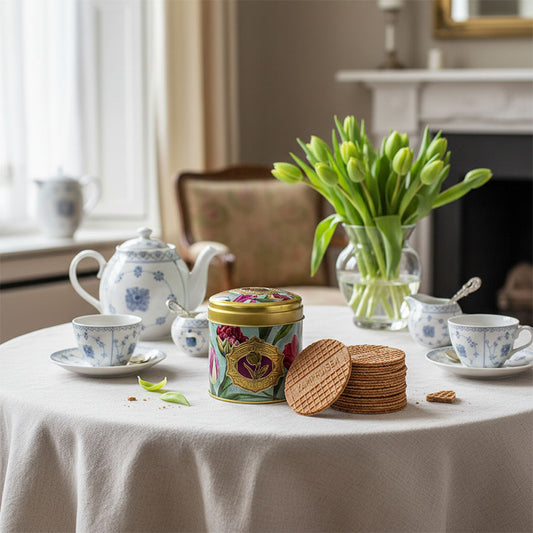 Gröna burk serien Pretty Tulips met 10st. äkta Kamphuisen siroopswafels från Gouda, perfekt för Fika.