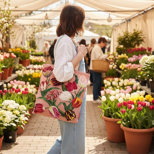 Bomullskasse serien Pretty Tulips i rosa och kvinna i blomsterbutiken