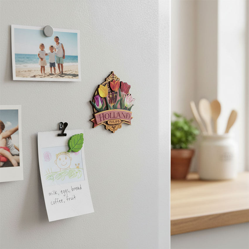 Magnet mdf serien "Pretty Tulips" Holland tulpaner/rosa och guldfärgade accenter från Matix Souvenir Holland på kylskåpsdörren