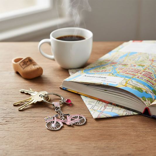 Nyckelring med strassten och rosa cykel med text Amsterdam och cykelkorg med tulpaner från Matix Souvenir Holland ligger på bordet.