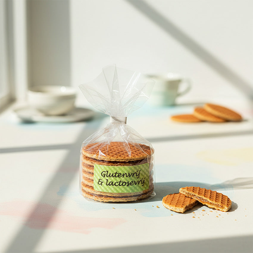 Påse Glutenfri och Laktosfri Sirapsvåfflor från Markus & Markus Holland. De enige echte gluten en lactosevrije stroopwafels van Markus en Markus uit Nederland