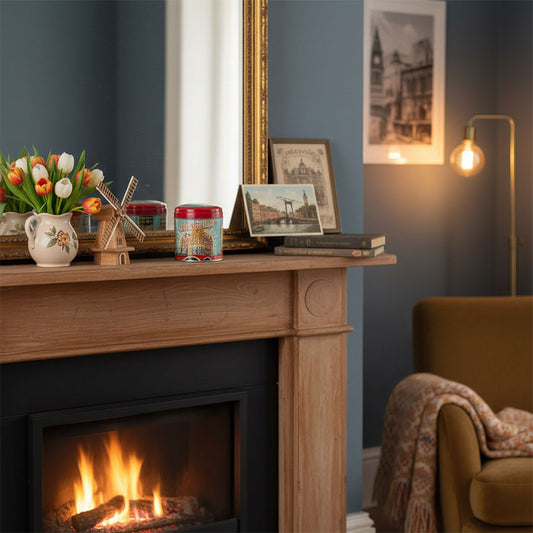 Hollandsk burk som passar för sirapsvåfflor i röd/turkos hus i Amsterdam i retrostil från Matix Souvenir Holland på braskamin