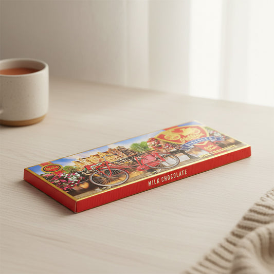 Chokladkaka LJUS förpackningen med avtryck av en röd cykel längs en kanal i Amsterdam (Chocoladereep MELK) från Matix Souvenir Holland