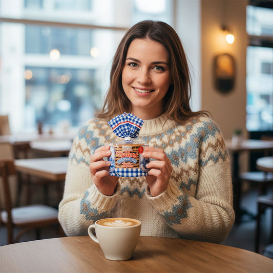 kvinna med påse Stroopwafels och en kop kaffe