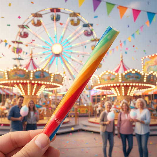 Originalet äkta Oosterhout regnbågn sockerstång hård med jordgubbar smak (de harde regenboog zuurstok) 43gr. från Holland Foodz på tivolin