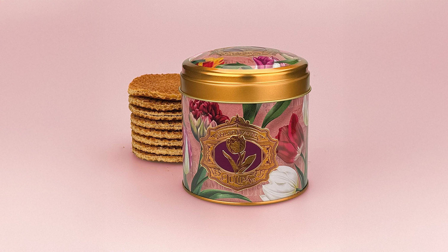Rosa burk med 8st. stroopwafels serien Pretty Tulips