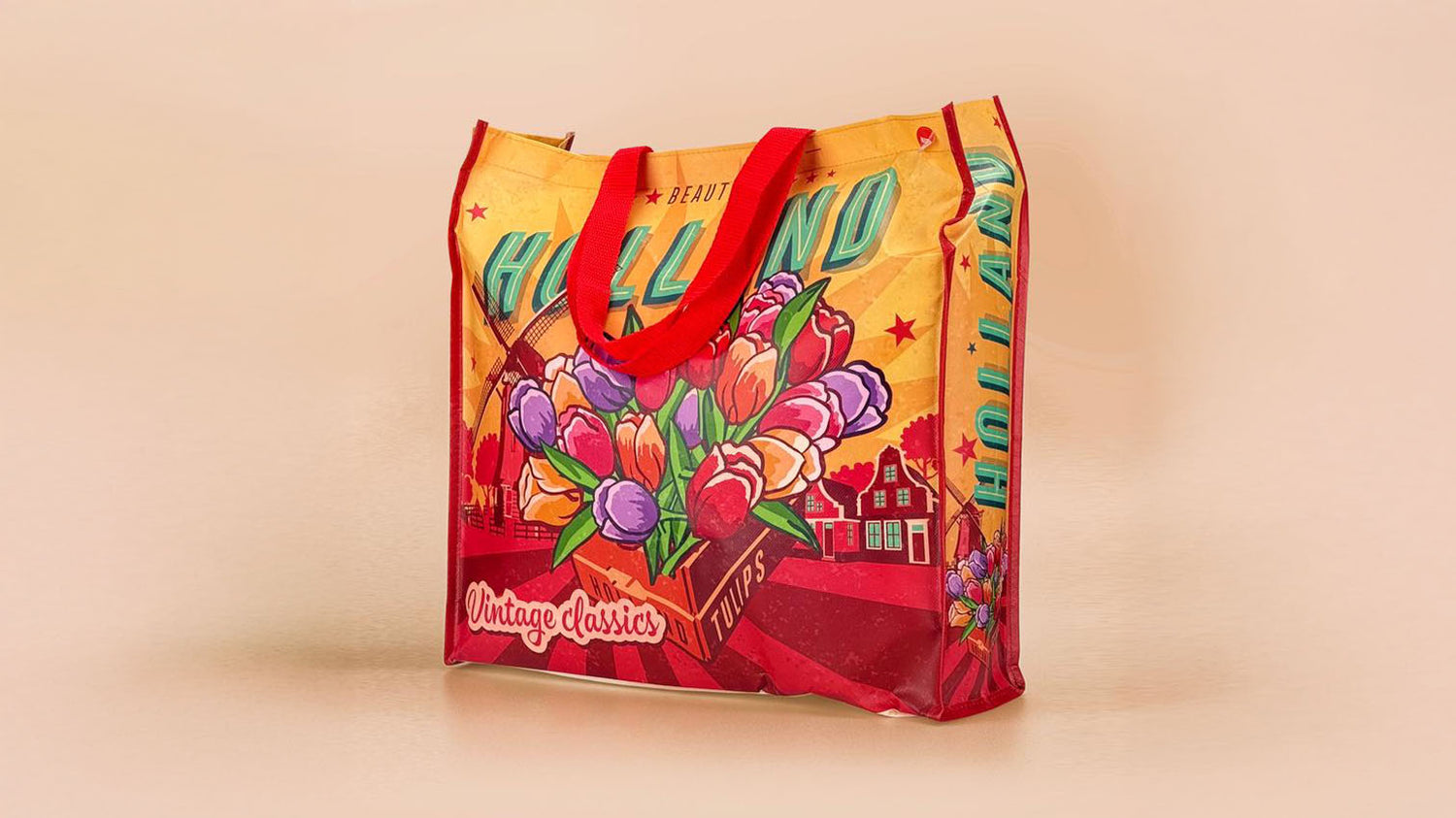 Shopper / kasse / flergångspåse från serien "Vintage classics" avtryck tulpaner och texten beautiful flowers i retrostil från Matix Souvenir Holland