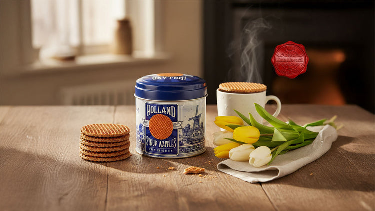Kundfavorit i Sverge: kollektion Äkta holländska stroopwafels med delftsblå stroopwafelburk och tulpaner på bordet