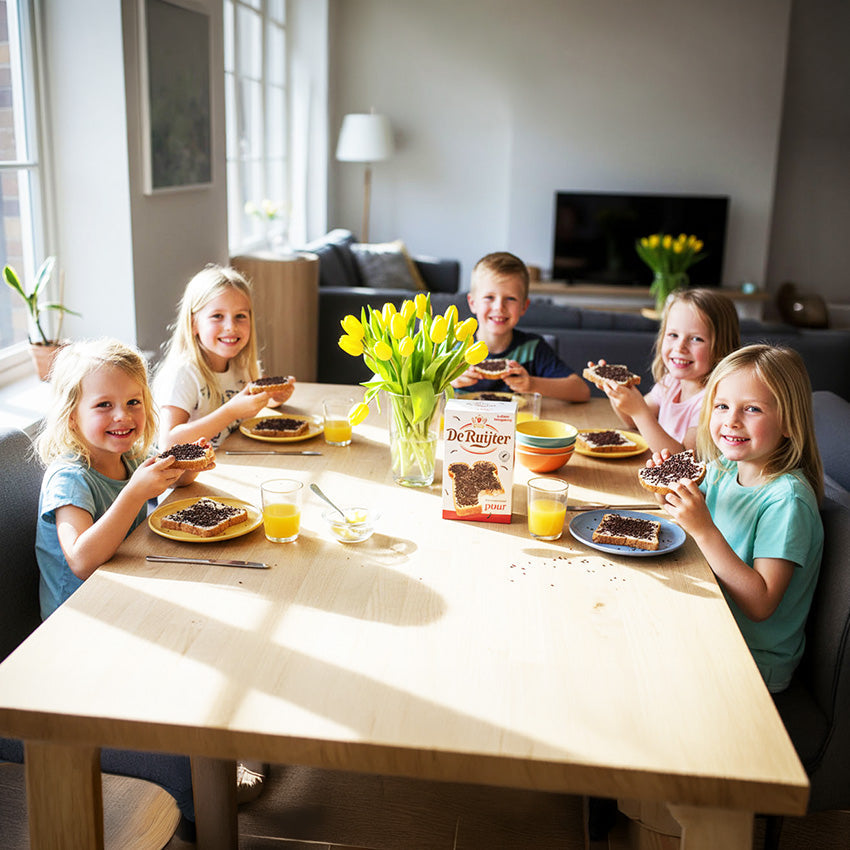 barn som med stor glädje äter hagelslag till frukost