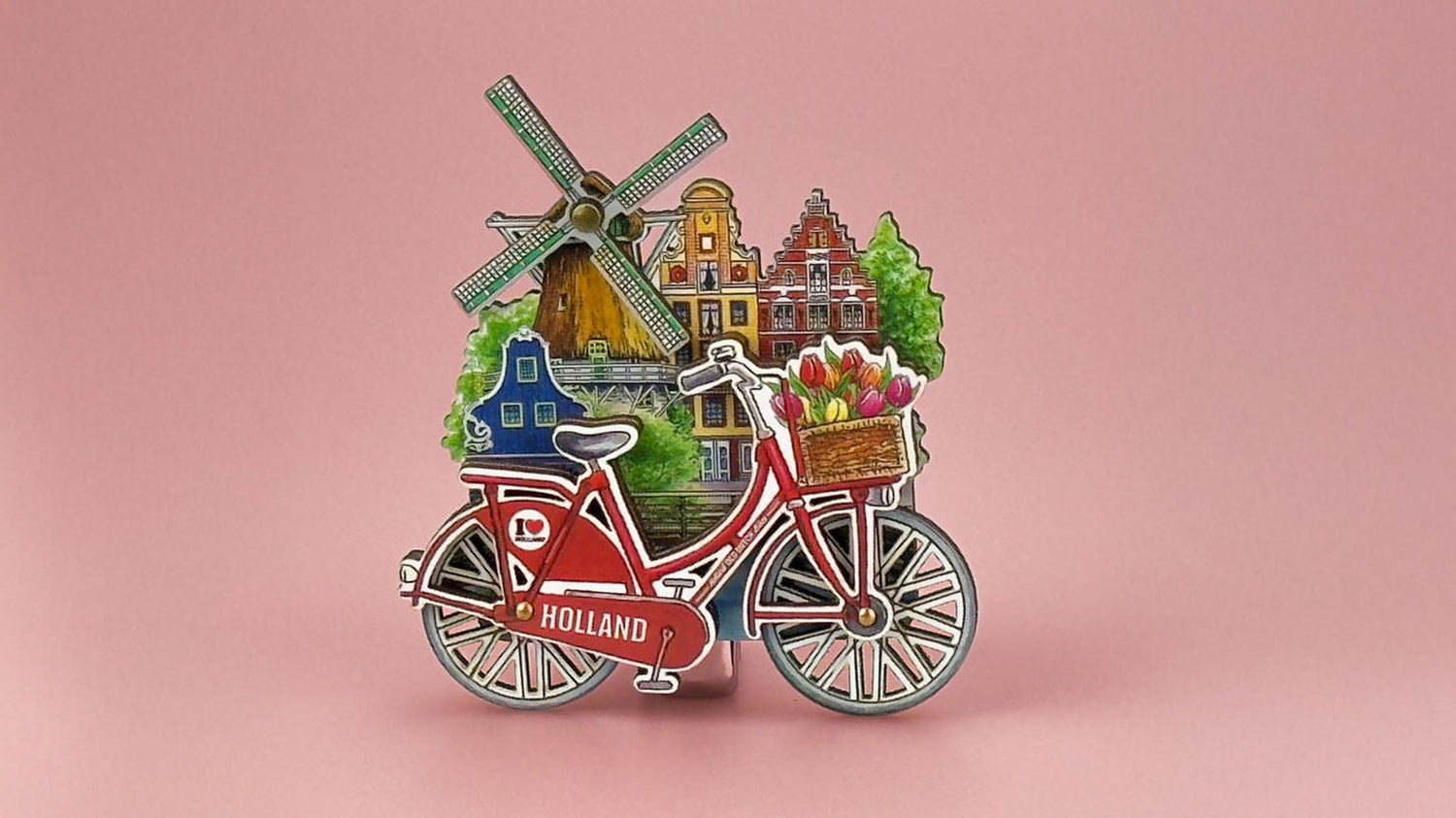 Magnet MDF röd cyckel med tulpaner och texten Holland 