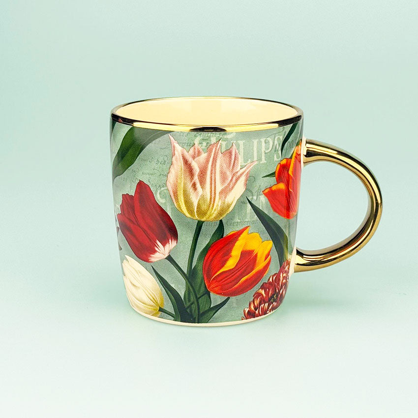 Mugg 275ml. serien "Pretty Tulips" tulpaner/grön porslin av hög kvalitet med gulddetaljer från Matix souvenir Holland
