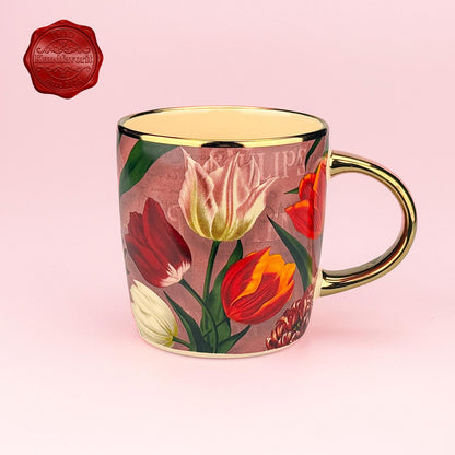 Kundfavorit: Mugg 275ml. serien "Pretty Tulips" rosa/tulpaner i porslin av hög kvalitet med gulddetaljer från Matix Souvenir Holland