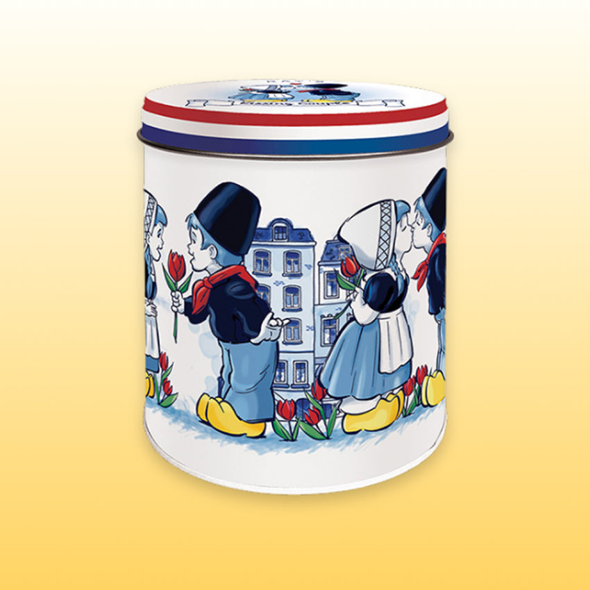 Förvaringsburk för stroopwaflar med motivet ”The Kissing Couple” och ”I love Holland”