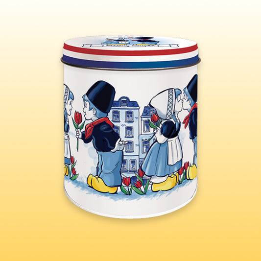 Förvaringsburk för stroopwaflar med motivet ”The Kissing Couple” och ”I love Holland”