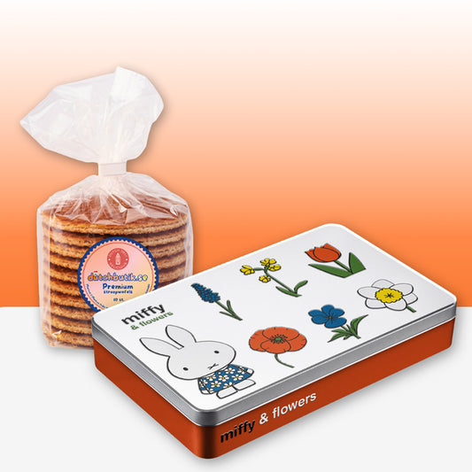 Miffy® färgpennsburk i metallic orange med Miffy & Flowers-design, reliefdetaljer och ett paket premium stroopwafels från Nederländerna (10 st, ca 350 g).