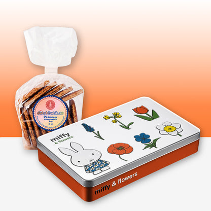 Miffy® färgpennsburk i metallic orange med Miffy & Flowers-design, reliefdetaljer och en påse mini premium stroopwafels från Nederländerna (15 st).