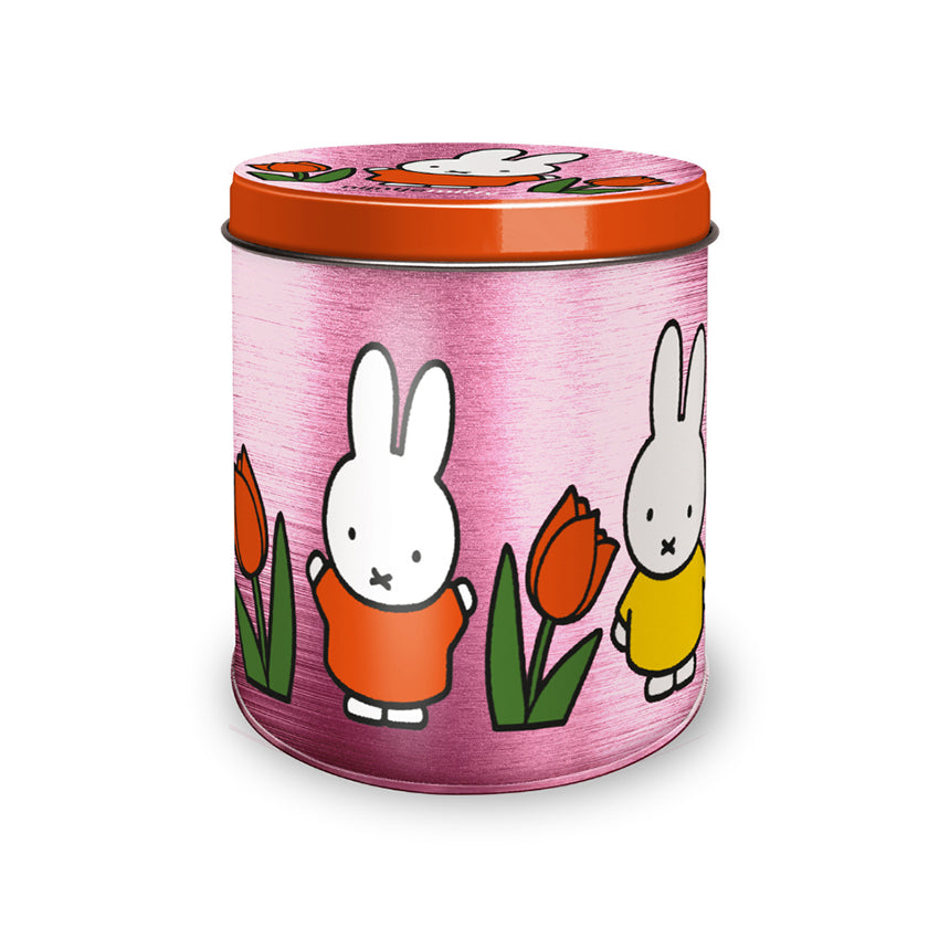 Rosa metallic-burk för stroopwaflar med Miffy-tema: Miffy med tulpaner 