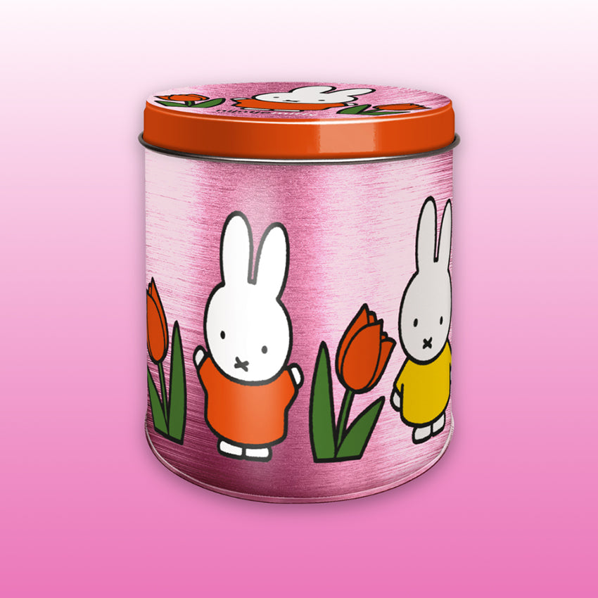 Rosa metallic-burk för stroopwaflar med Miffy-tema: Miffy med tulpaner 