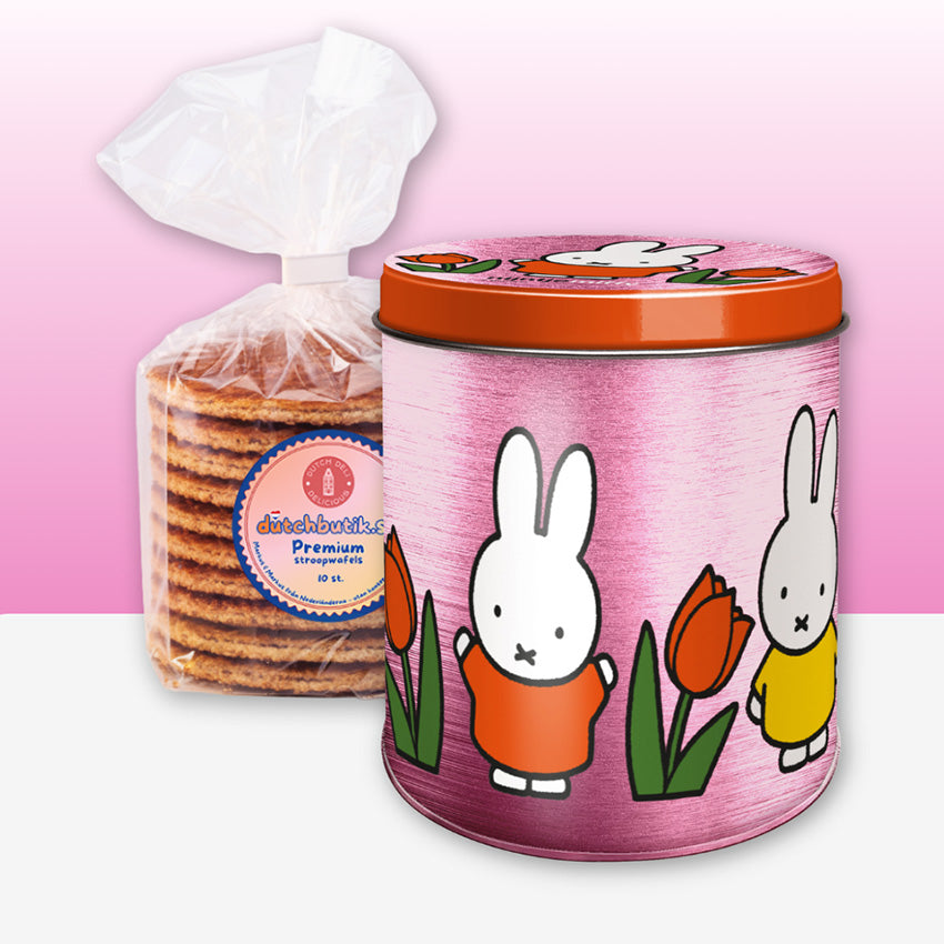 Rosa metallic-burk för stroopwaflar med Miffy-tema: Miffy med tulpaner och påse premium stroopwafels