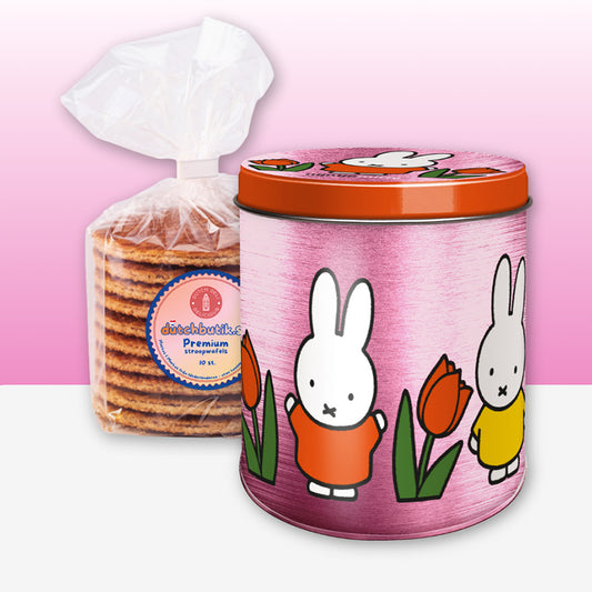 Rosa metallic-burk för stroopwaflar med Miffy-tema: Miffy med tulpaner och påse premium stroopwafels