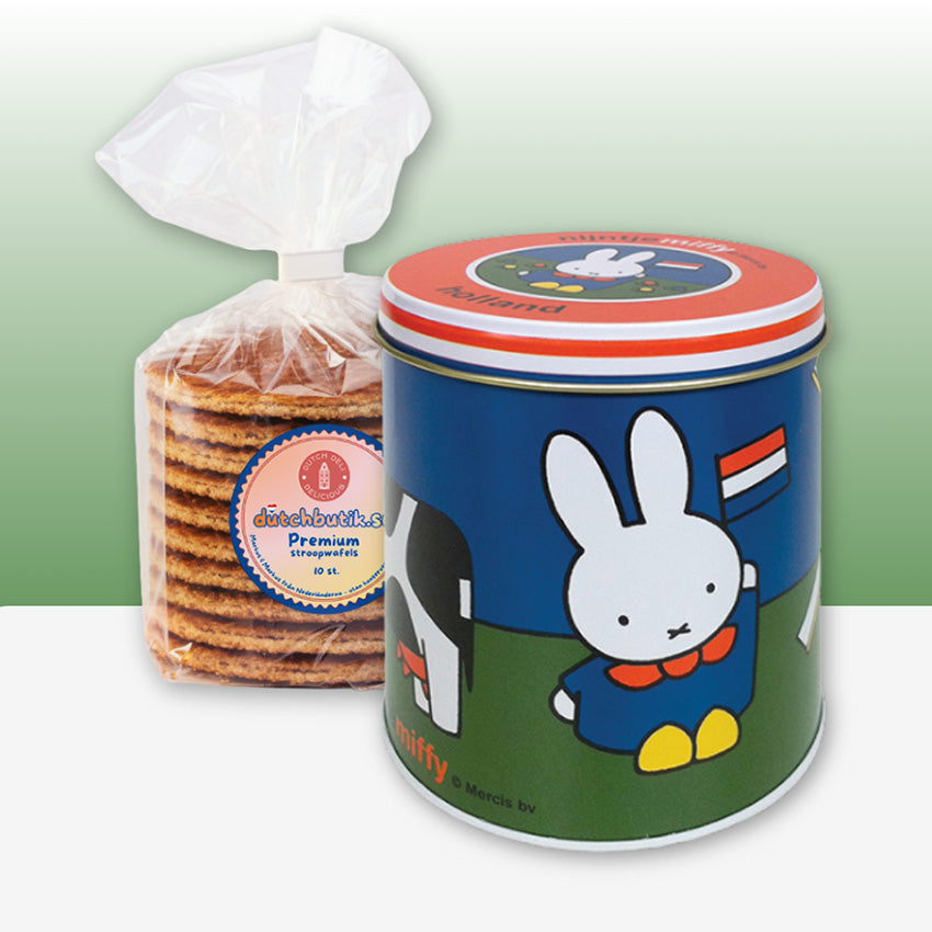 Miffy-Nijntje stroopwafel-/förvaringsburk – Holländskt landskap (Nijntje weiland) med påse äkta premium Stroopwafels från Nederländerna