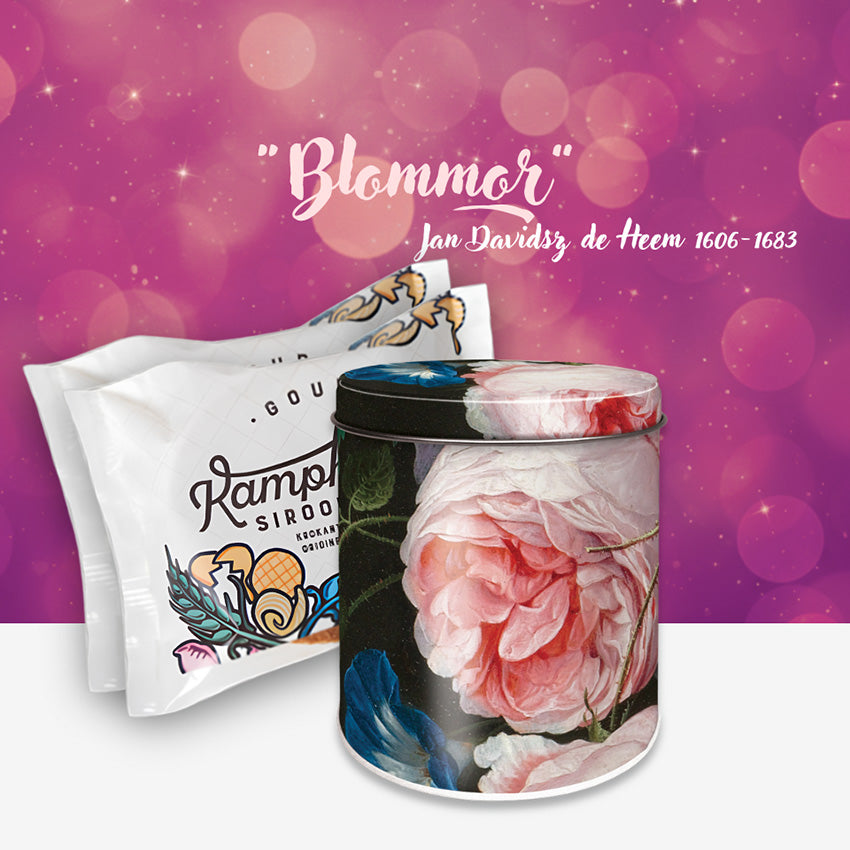 De Heem stroopwafel-/förvaringsburk med klassiskt holländskt blomsterstilleben av Jan Davidsz. de Heem och två paket Kamphuisen sirapsvåfflor från Nederländerna.