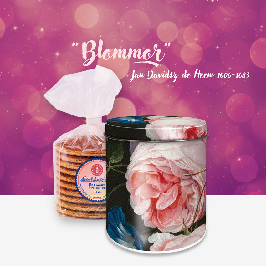 De Heem stroopwafel-/förvaringsburk med klassiskt holländskt blomsterstilleben och pionros samt ett paket premium stroopwafels från Nederländerna.