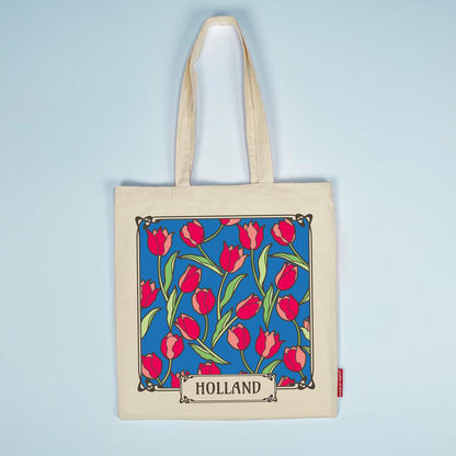 Bomullskasse med tryck mörkrosa tulpaner och Holland blå bakgrund från Matix Souvenir Holland