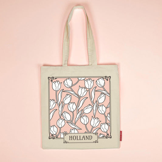 Bomullskasse med tryck vita tulpaner och Holland rosa bakgrund från Matix Souvenir Holland