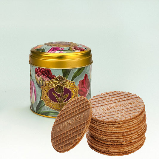 Burk med Kamphuisen sirapsvåfflor(10st.) serien "Pretty Tulips" tulpaner/grön och präglad logo från Matix souvenir Holland