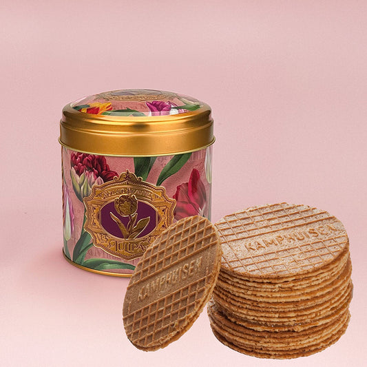 Burk med Kamphuisen sirapsvåfflor serien "Pretty Tulips" tulpaner/rosa och präglad logo från Matix souvenir Holland