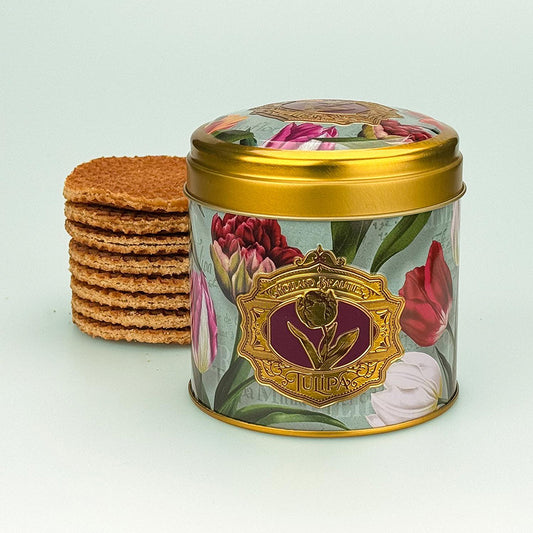 Burk med sirapsvåfflor serien "Pretty Tulips" tulpaner/grön och präglad logo från Matix Souvenir Holland