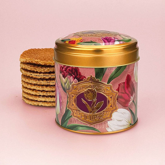 Paket: Burk med sirapsvåfflor (blik stroopwafels) serien "Pretty Tulips" tulpaner/rosa och präglad logo från Matix Souvenir Holland