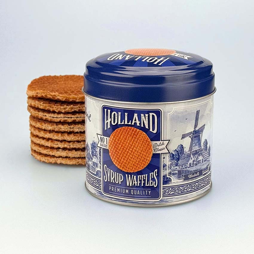 Burk "Holland Syrup Waffles" i retro Delfts blå design med påse Stroopwafels