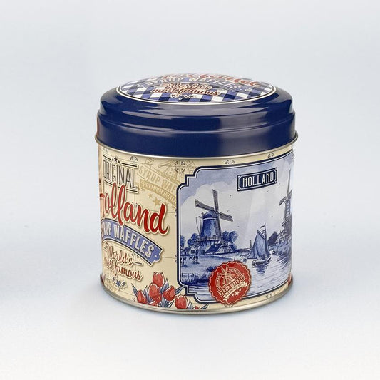 Hollandsk burk som passar för sirapsvåfflor i "Delft blå" (Delfts Blauw) retrostil från Matix Souvenir Holland