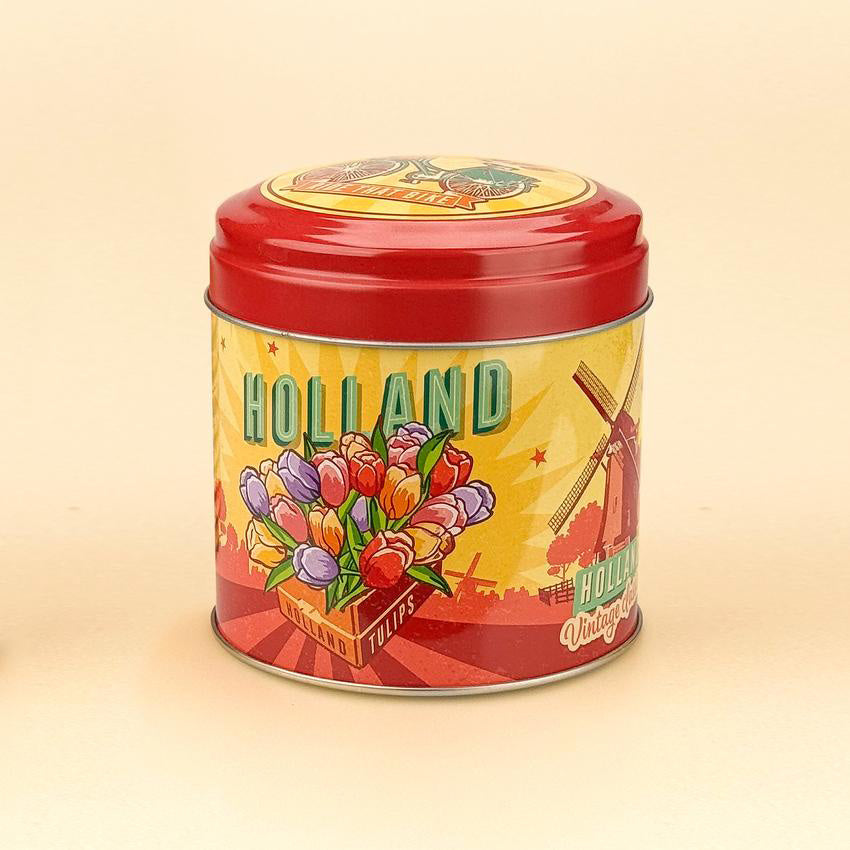 Hollandsk burk som passar för sirapsvåfflor i Holland Tulips röd/gul retrostil från Matix Souvenir Holland