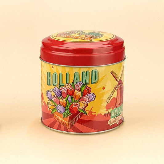 Hollandsk burk som passar för sirapsvåfflor i Holland Tulips röd/gul retrostil från Matix Souvenir Holland