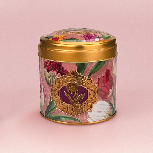 Hollandsk burk som passar för sirapsvåfflor i serien "Pretty Tulips" tulpaner/rosa och präglad logo från Matix Souvenir Holland